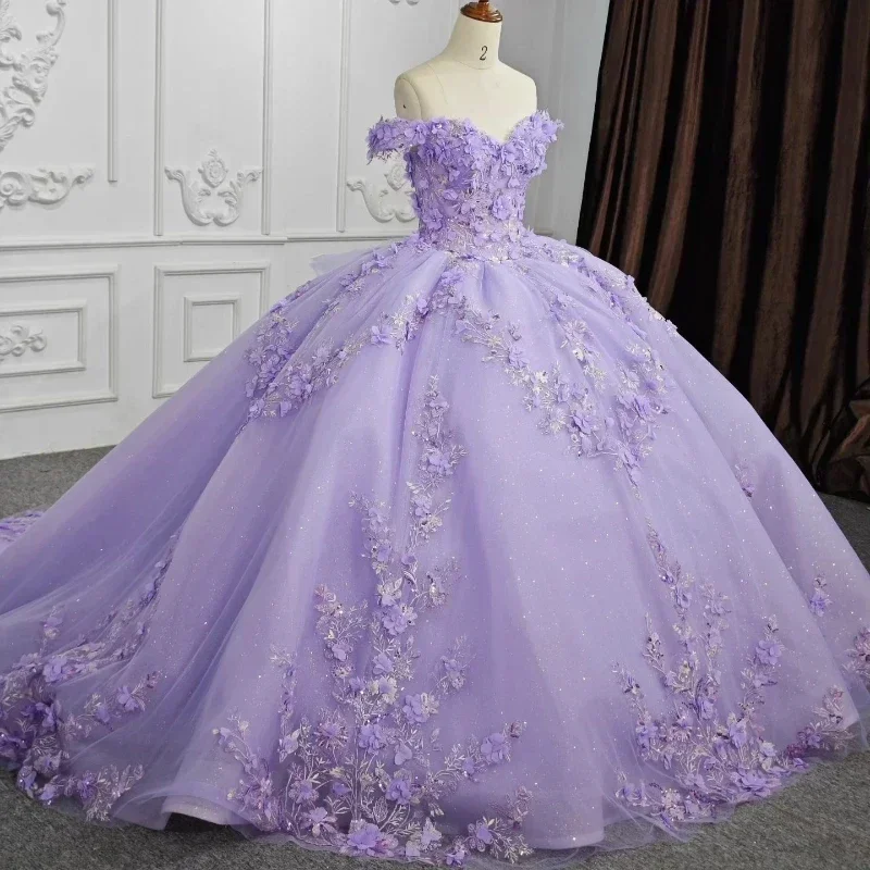 ANGELSBRIDEP-Vestidos Quinceanera com Flores 3D, Vestido de Baile Renda, Doce 16 e 15 Anos Doce e Vestido de Aniversário, Lavanda Lilás