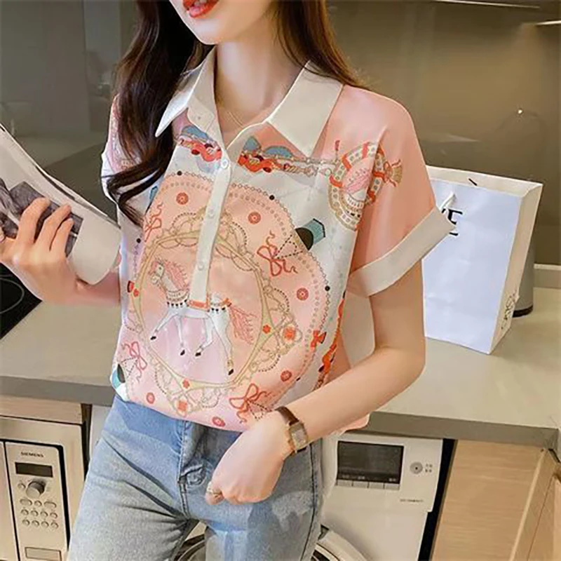 Fashion Lapel Printed Cartoon Chiffon Blouses Female Clothing 2024 Summer New Loose Sweet Short Sleeve Tops Office Lady Shirts