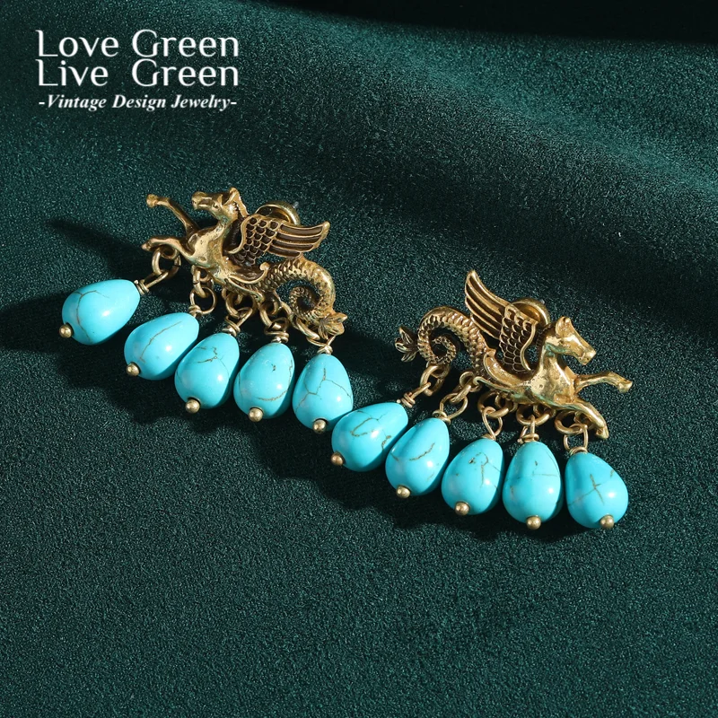 

Vintage Pegasus Turquoise Jewelry Earrings Drop Pendant Gold Color For Woman Antique Fashion Designed Special Gift New In 2025
