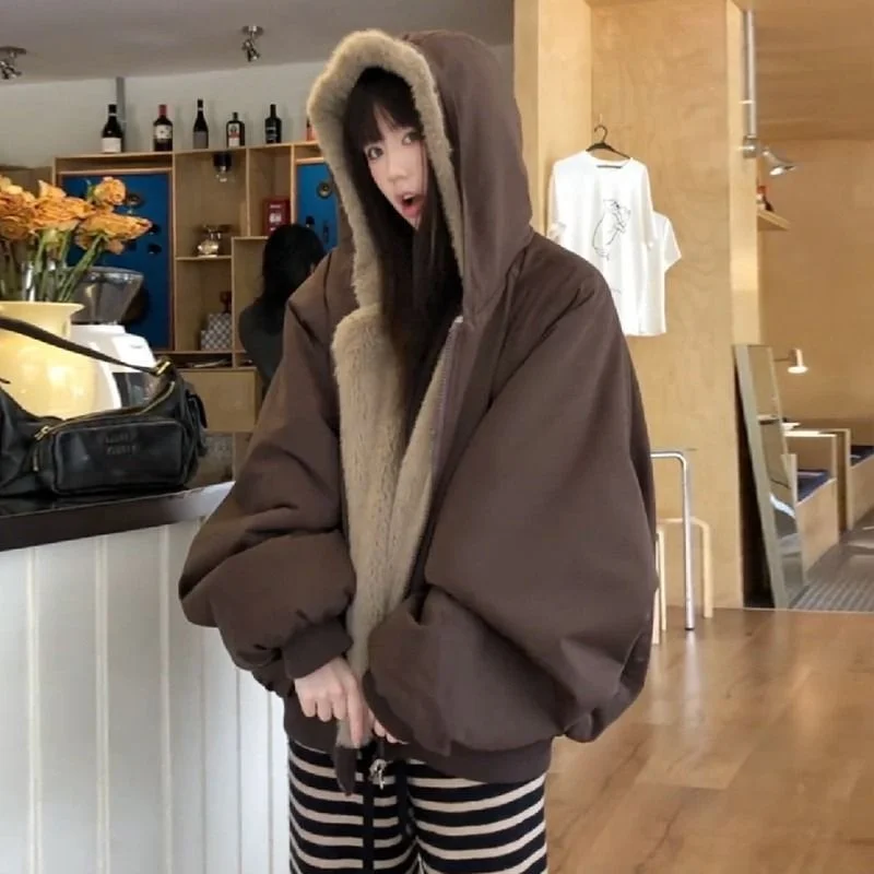 

Women Oversized Reversible Faux Fur Lined Hooded Puffer Coat Women Dark Brown Lantern Sleeve Short Warm Winter Coat