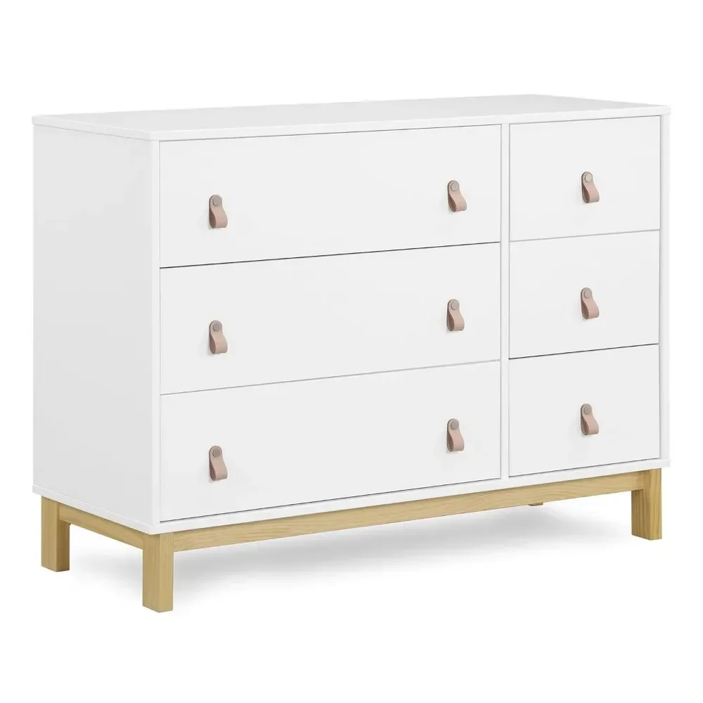 6 Drawer Dresser with Leather Pulls and Interlocking Drawers for bedroom, Bianca White/Natural, 19.25