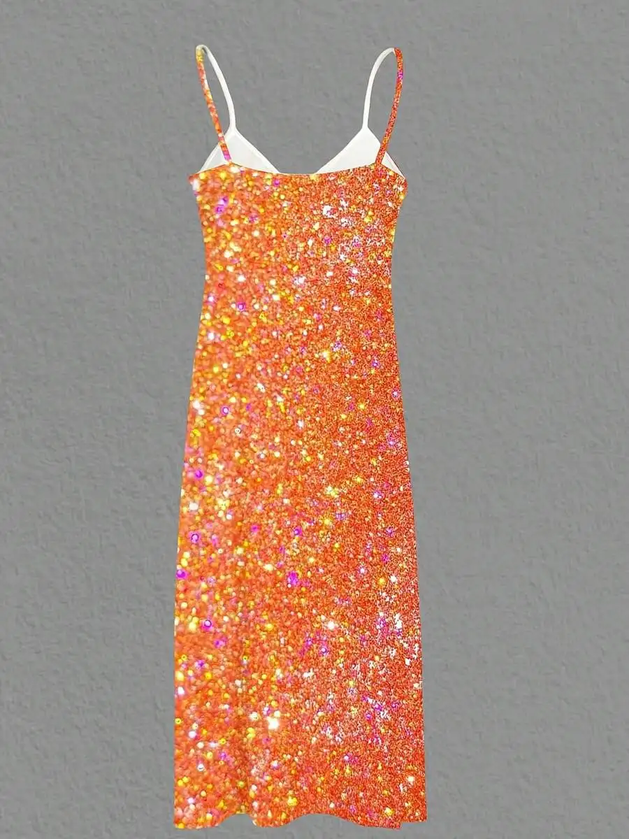 

Women Sleeveless Maxi Dress Orange Glitter Sequin Summer Beach Vacation Outfit