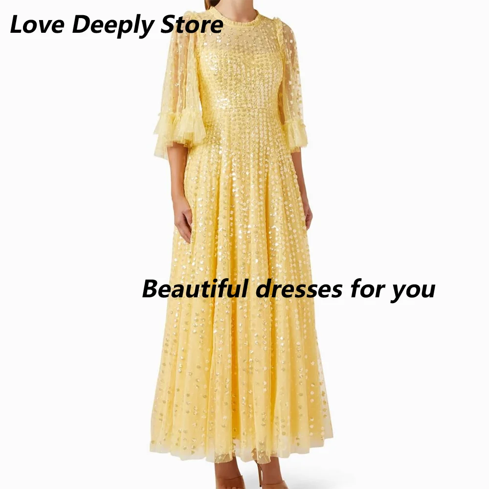 Luxuriöses Abendkleid mit Paillettenapplikationen, maßgeschneidertes Partykleid mit O-Ausschnitt, halben Ärmeln, A-Linie, Falten, Tüll, Ballkleider, Robe De Soiree