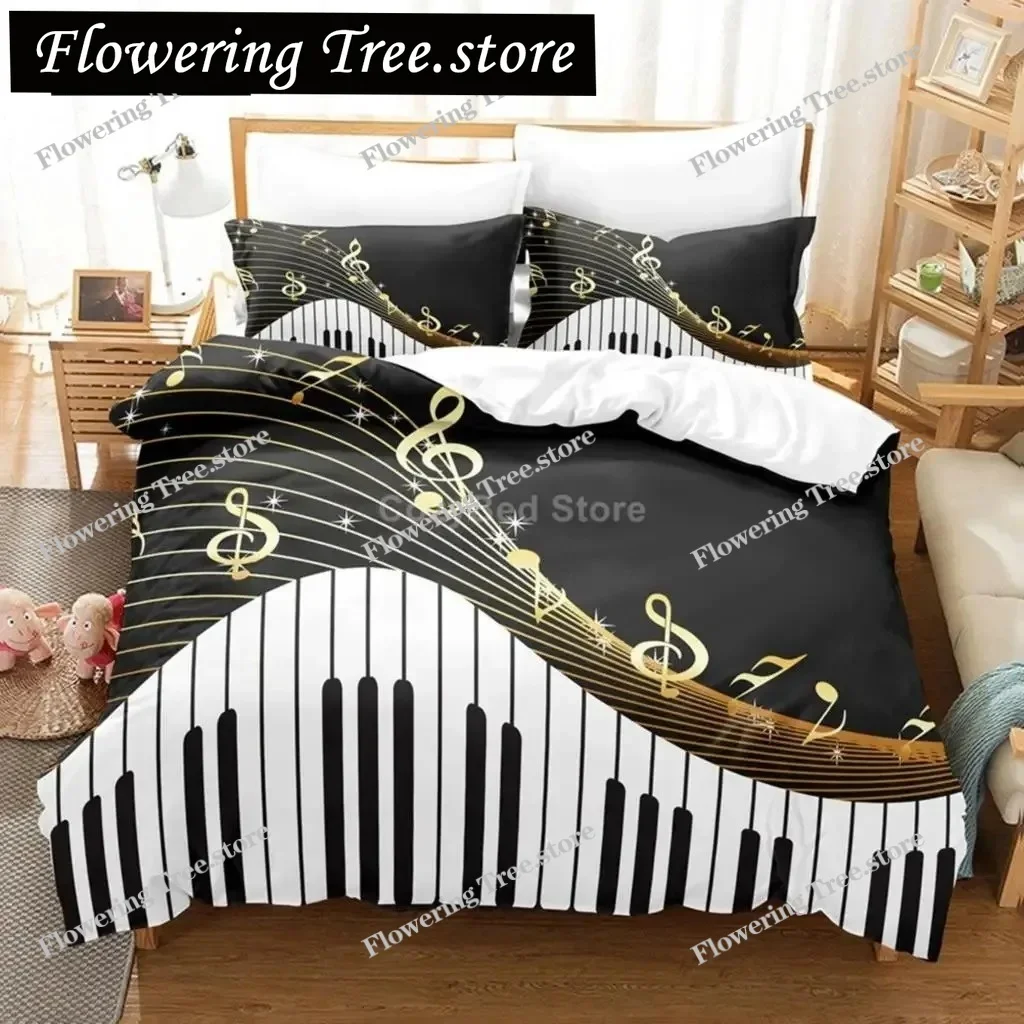 Music Black White Duvet Cover Sets Comforter Bed Queen King  Size Musical Instrument Piano Bedding Set Teen Adult Bedroom Decor