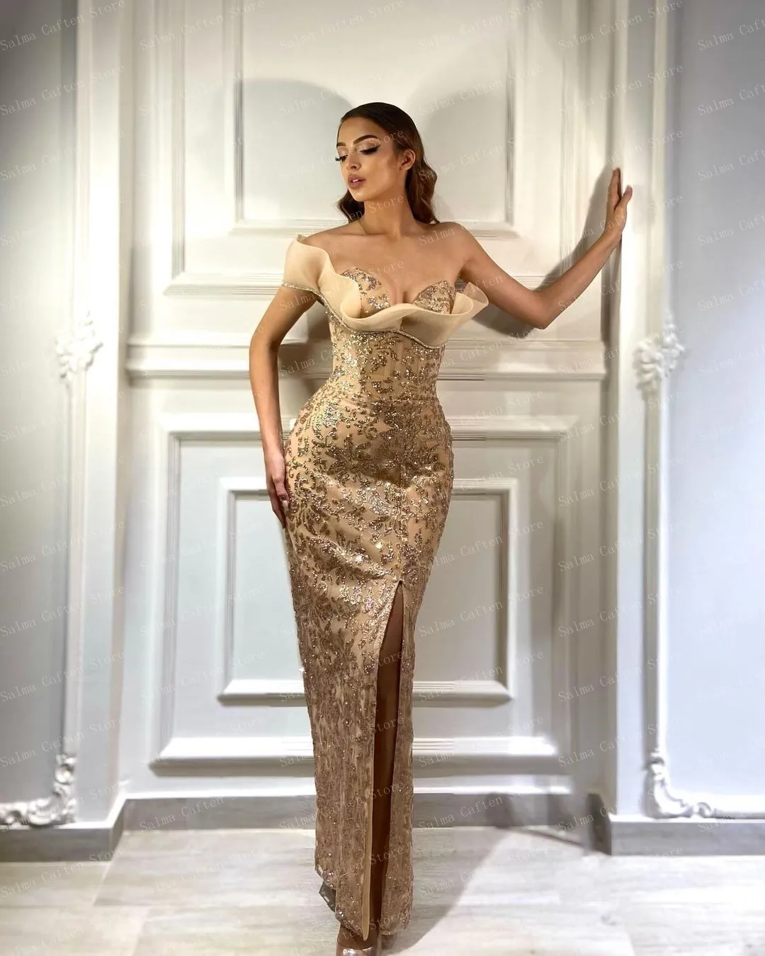 Strapless 샴페인 이브닝 드레스 스팽글 여성 의류 슬릿 스트레이트 칵테일 드레스 바닥 길이 럭셔리 드레스 2023