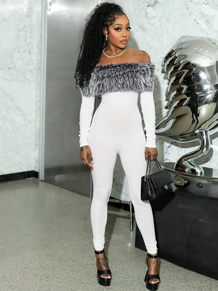 

BKQU Furry Slash Neck Jumpsuits Woman Long Sleeve Sexy Off Shoulder Bodycon One Piece Rompers Hipster Club Activity Overalls