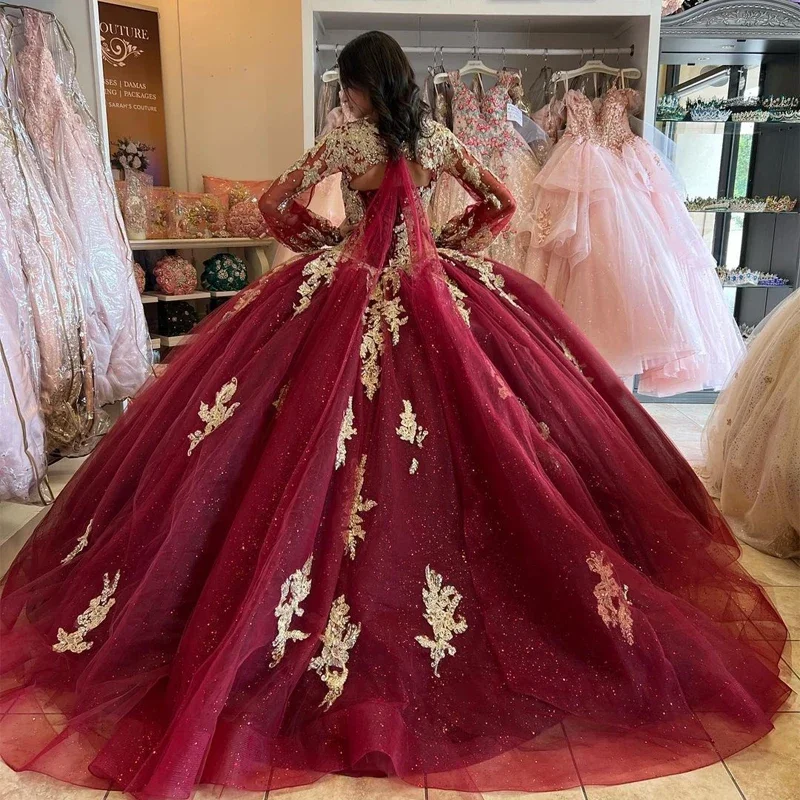 Vestido De cumpleaños rojo vino dulce 16, apliques De manga larga, Vestido De baile, vestidos De Quinceañera De 15 años