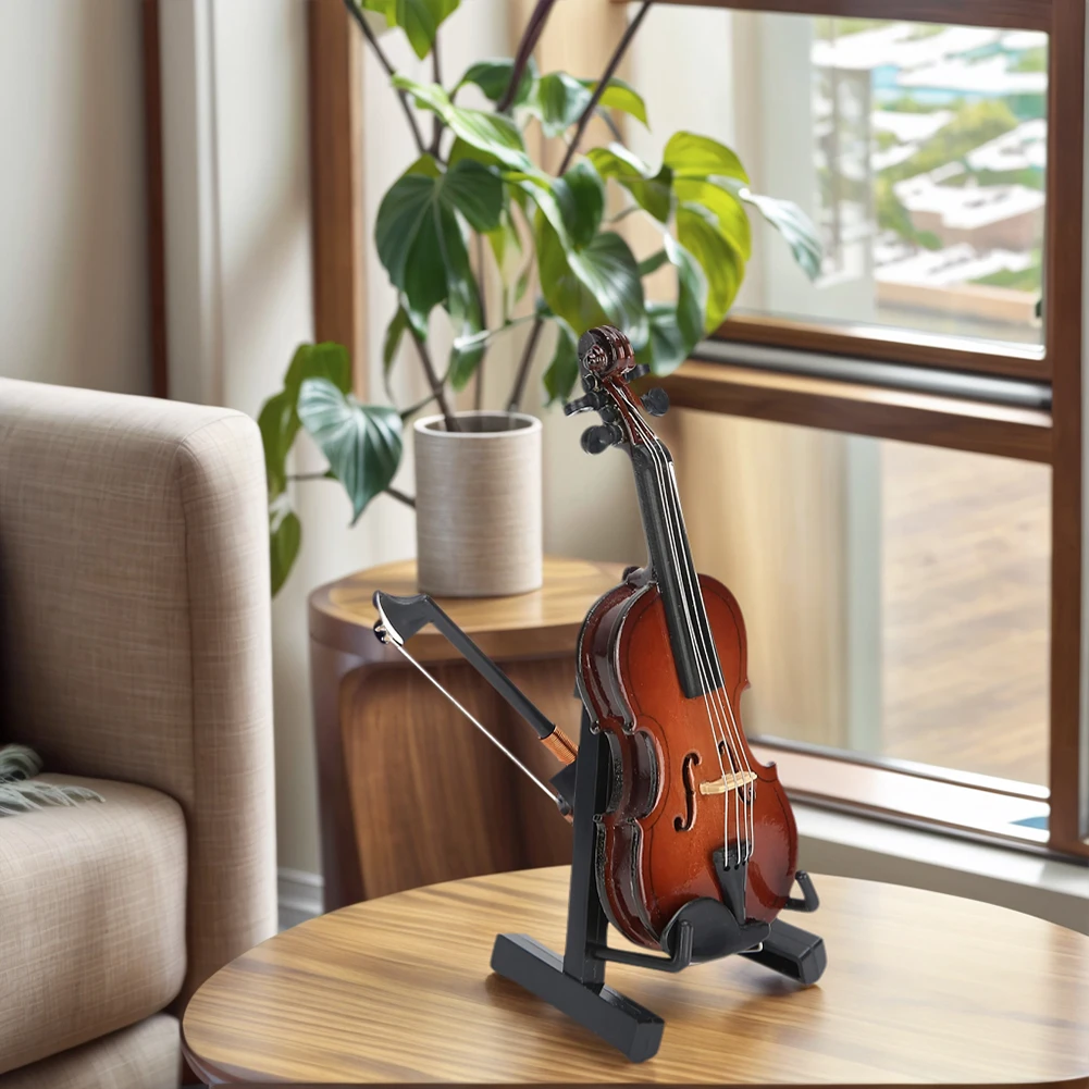 Wooden Miniature Cello -Stand & Bow Wood Violin Replica Collectible Figurines Gift for Kid Friend Music Lovers Craft Collector
