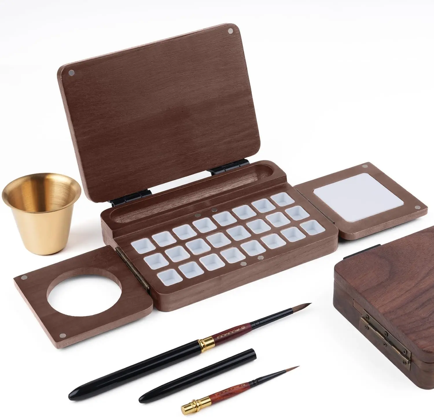 

Travel Watercolor Palette 24 Grids Foldable with 2pcs Sable Travel Watercolor Brushes, Portable Walnut Wood Palette Box