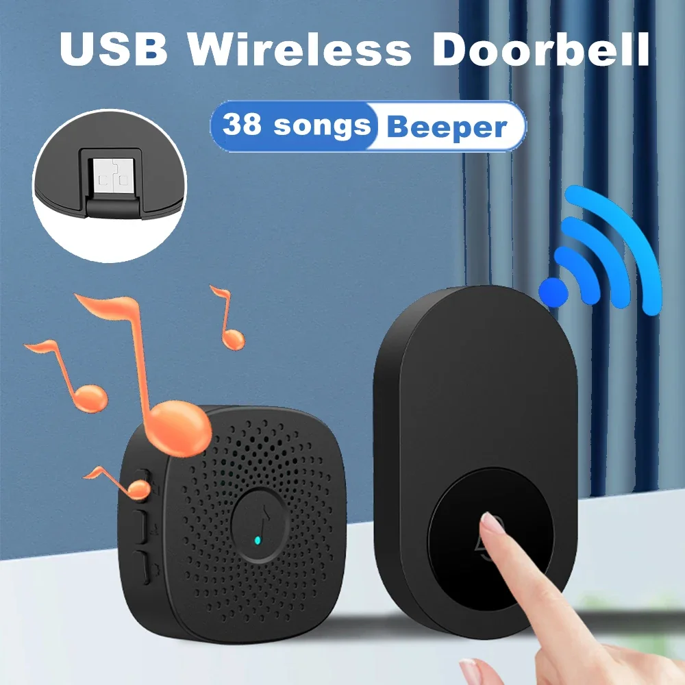 Timbre inalámbrico para el hogar y exteriores, timbre de puerta inteligente con USB, ajuste de volumen de 4 velocidades, CC de 5V, emparejamiento, Control remoto, 38 canciones, llamada de cuidado de la cama