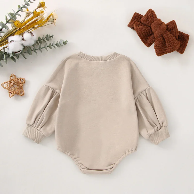 Baby Sweatshirt Bodysuits Boy Girl Bubble Sleeve Bonjour Sweatshirt Romper with Headband Cute Fall Clothes Outfit