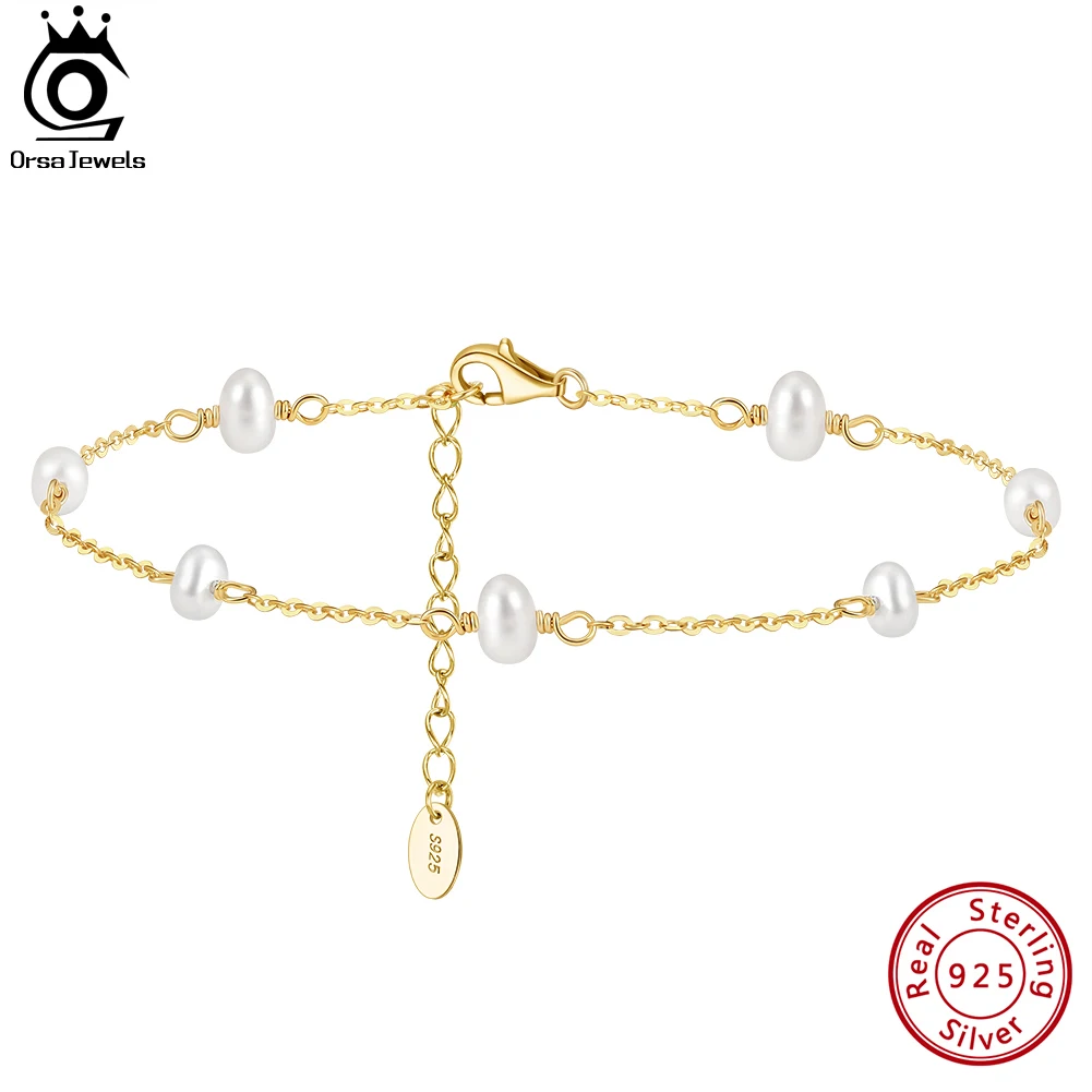 ORSA JEWELS S925 Silver Natural Baroque Pearls Anklets for Women Fashion Adjustable Foot Chain Ankle Straps Summer Jewelry SA37