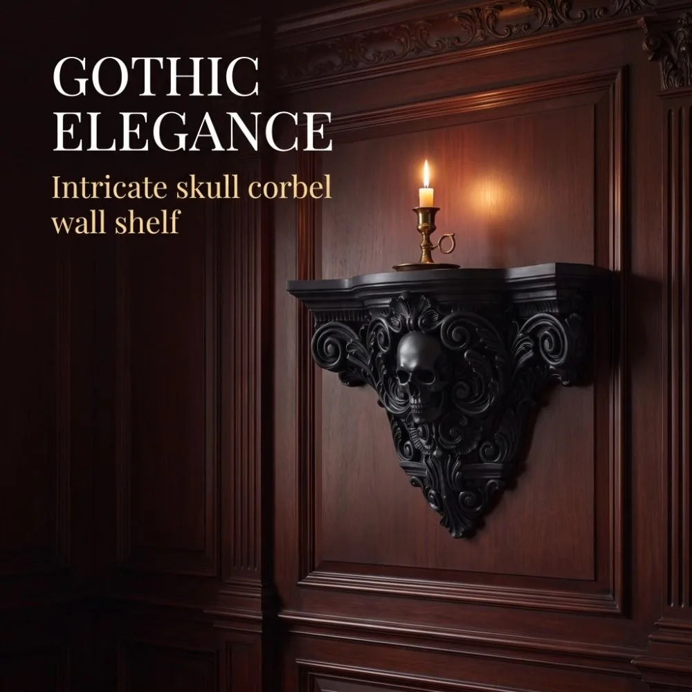 Vintage Style Halloween Skull Wall Mount Shelf Gothic 3D Printing Carved Skull Storage Shelf Stable Artistic Art Skull Wall Rack