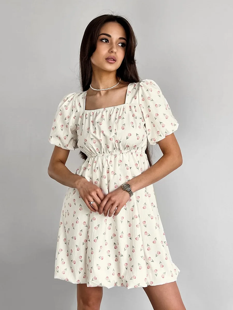 2025 Summer New Puff Sleeve Chic Women Dress Square Collar Floral Print Short Dress High Waist A-line Korean Fashion Dresses