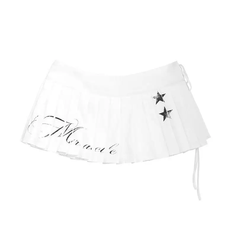 Super Short Mini Skirts Chic Design Star Print Pleated Skirt Sweet Girls 2000s Grunge Cute Layered Y2K Lace-up A-line Sexy Lady
