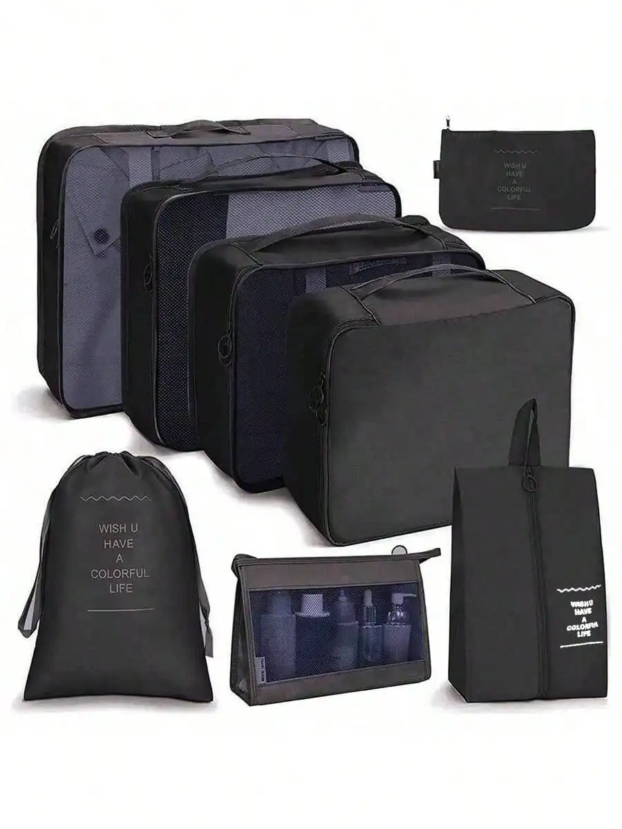 8 Pcs Travel Packing Cubes Set Modern Black Luggage Storage Bags Organizers Slogan Graphic Mesh Compression Pouches Portable Unit With Shoe Bag Toiletry Pouch For Suitcase Clothes Shoes College Dorm Travel Essentials