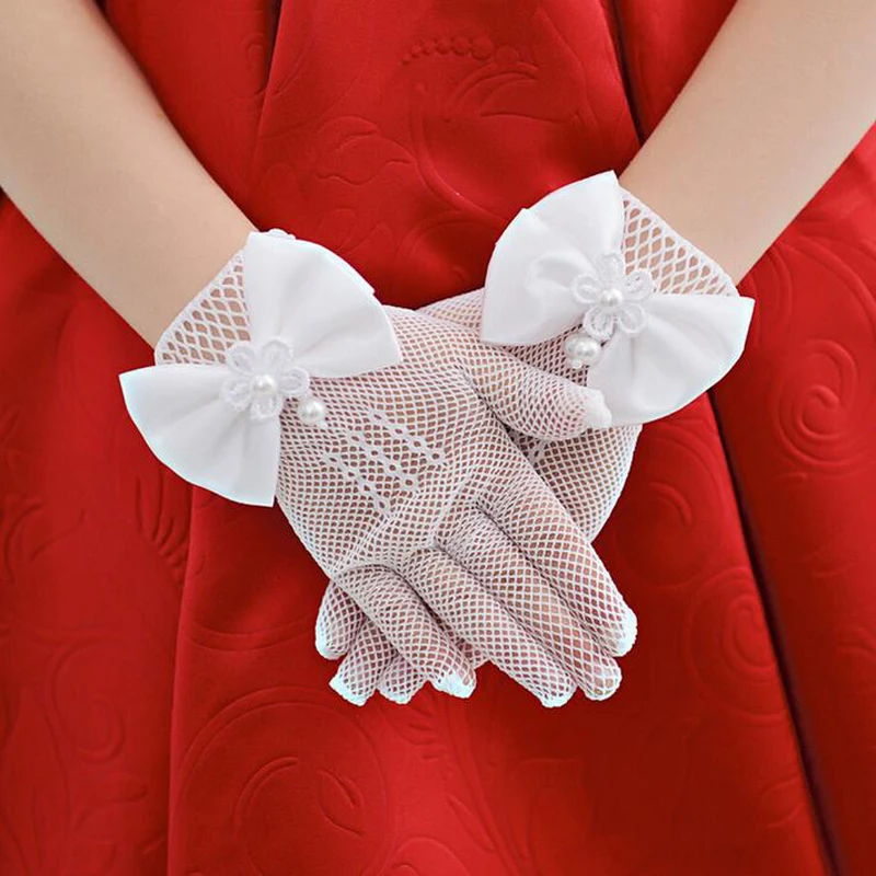 1Pair Girls Kids White Lace Faux Pearl Fishnet Gloves Communion Flower Girl Bride Party Ceremony Accessories