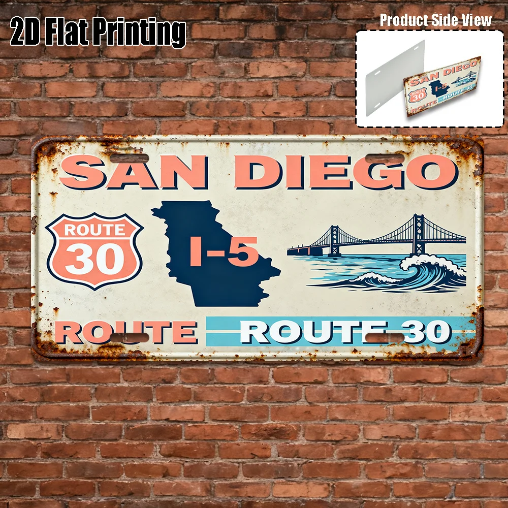2D Flat, San Diego-Themed Vintage Metal License Plate & Wall Art Sign Heavy-Duty Aluminum Retro California License Plate Frame view 6