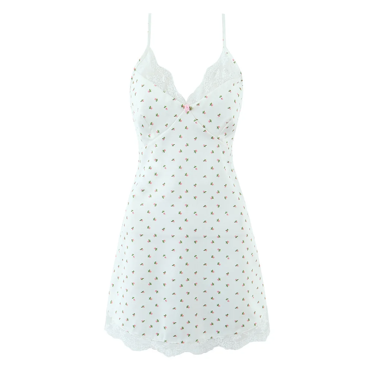 

Женское модное атласное платье с кружевными вставками и объемными цветами, белое, с цветочным принтом, кружевной отделкой и V-образным вырезом 9YMN