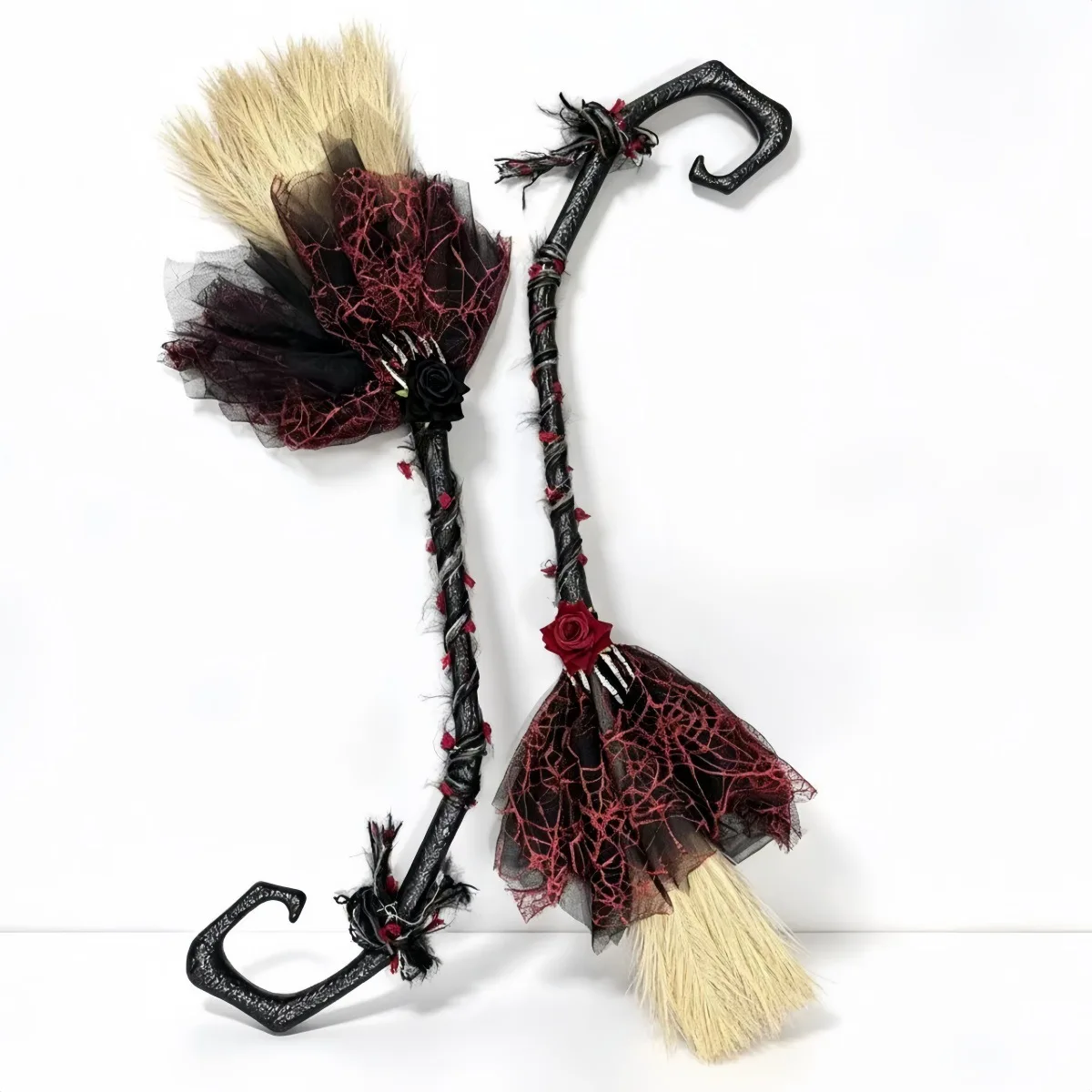 Gothic Witch Broom Cosplay Red Rose Witches Decor Magic Wand Halloween Carnival Dress Up Party Costume Props 3