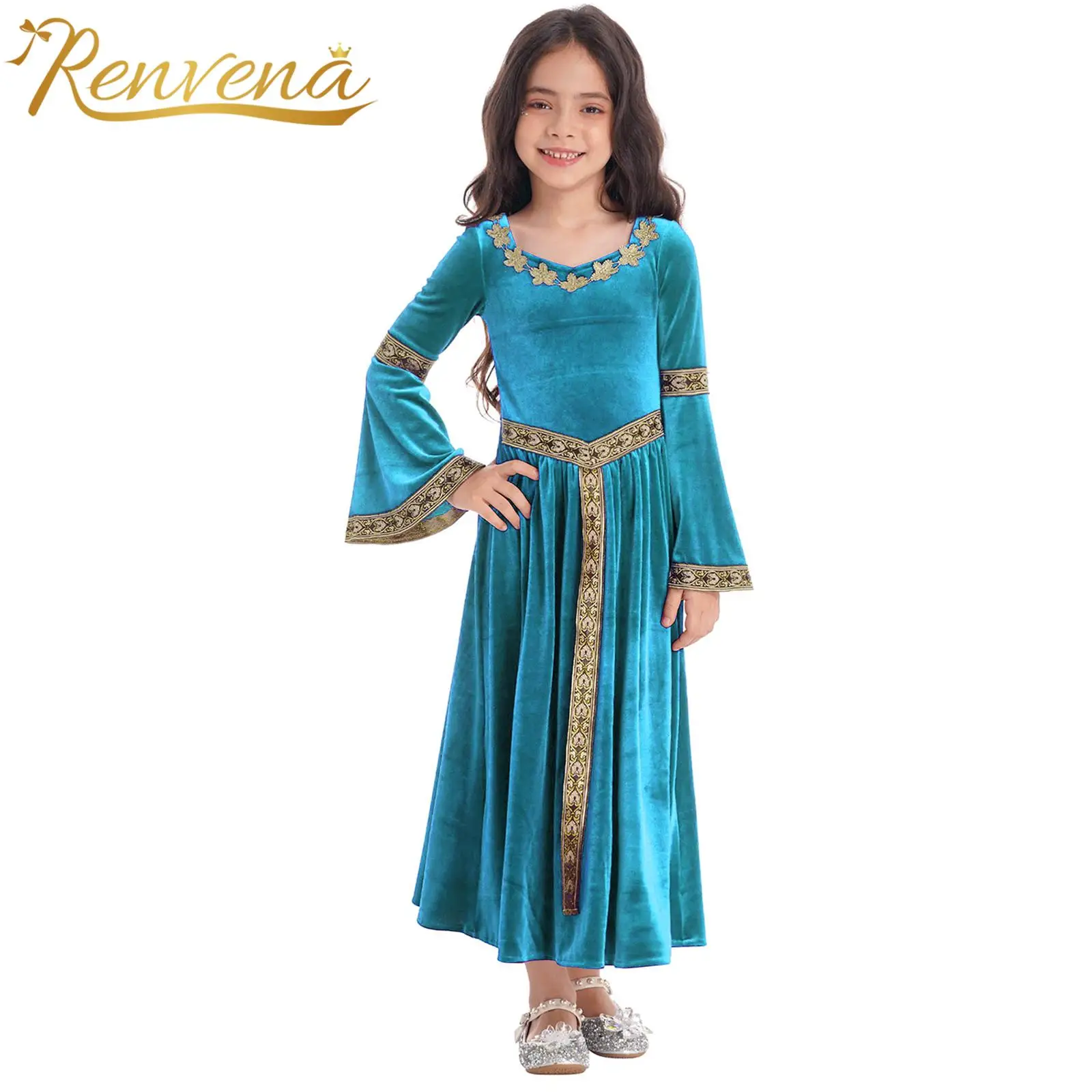 Kids Girls Medieval Renaissance Velvet Dress Cosplay Princess Queen Costume Long Flare Sleeve Children Carnival Party Dress Up