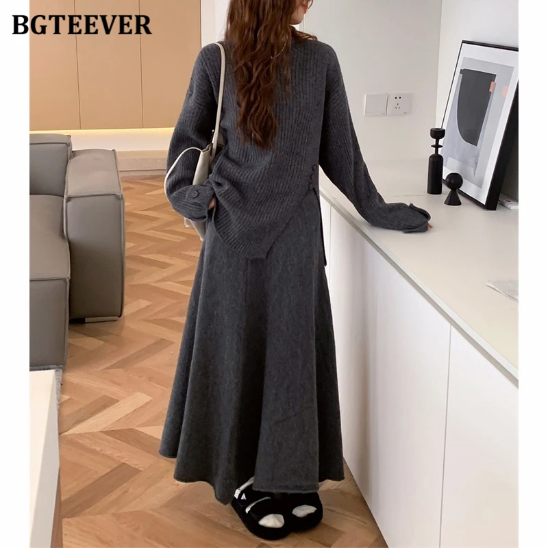 BGTEEVER Casual Warm Loose Women 2 Pieces Knitted Outfits O-neck Side Split Pullovers Sweaters & High Waist A-line Skirts