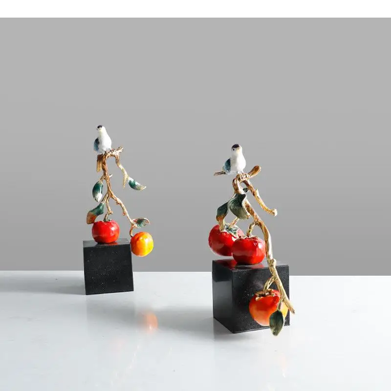 Painted Birds Alloy Sculpture Gilded Persimmon Tree Crafts Ornaments Room Aesthetics Decor Desk Decoration Crystal Statue