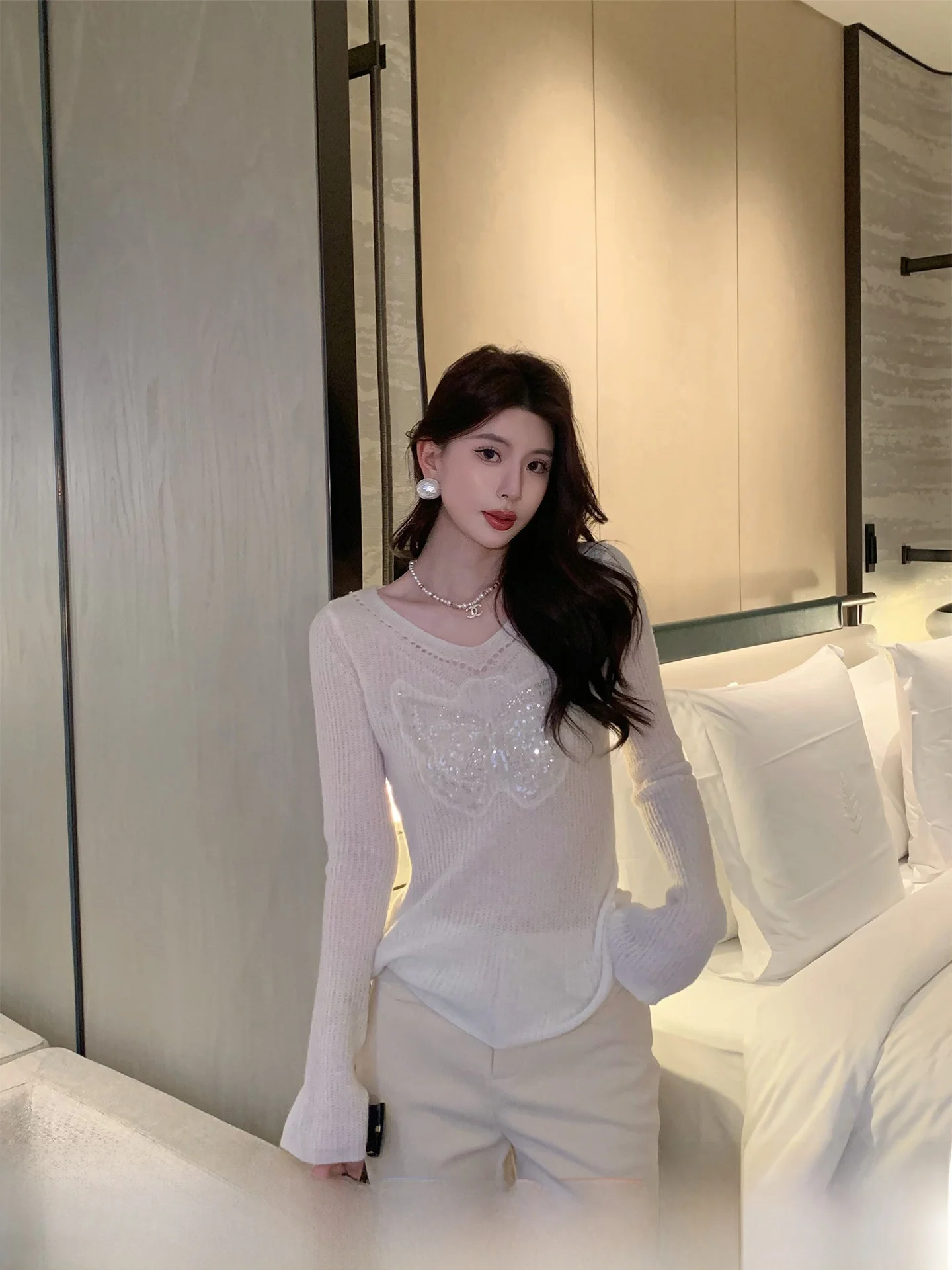 

Kun【Dewey】White Knitted Woolen Sweater Women's Base Layer irt Spring Elegance Inner Wear Top New Sle Casual Faion