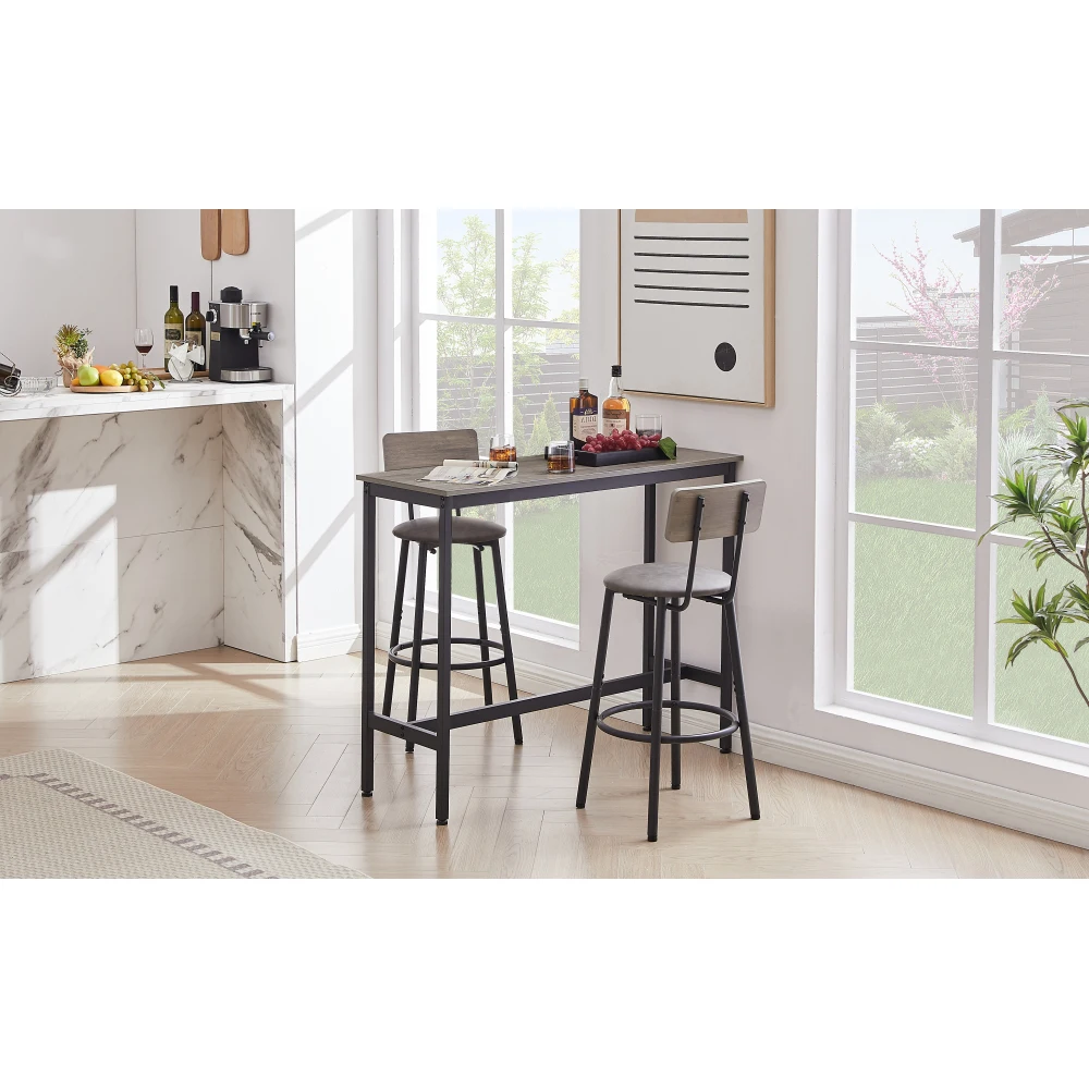 Bar Table Set with 2 Bar Stools PU Soft Seat with Backrest Grey 43.31'' L X 15.75'' W X 35.43'' H