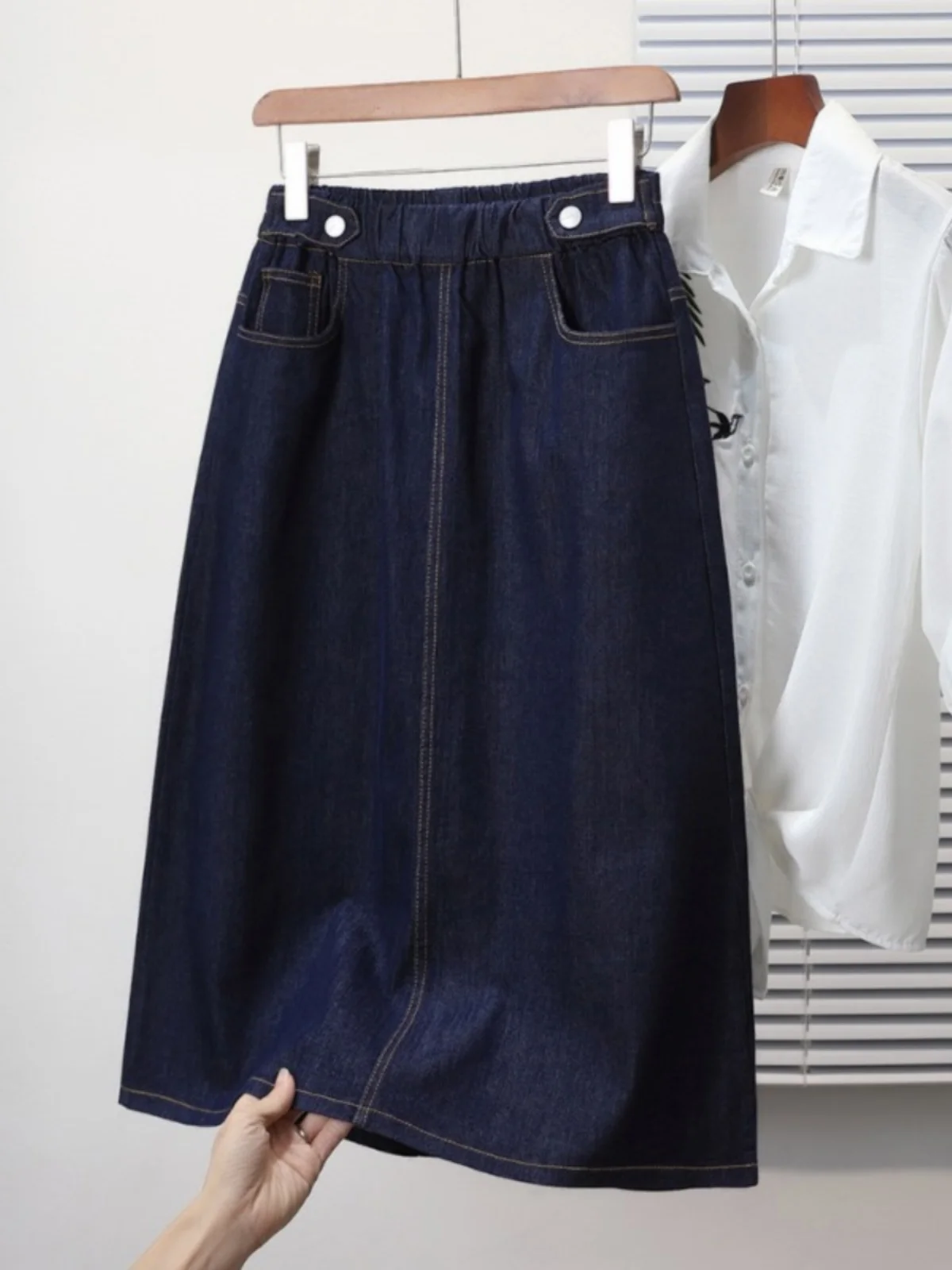 Retro Hong Kong Style Mid-Length A-Line Denim Skirt Elastic Waist Straight Cut for Pear Shape plus Size Women Summer New Arrival