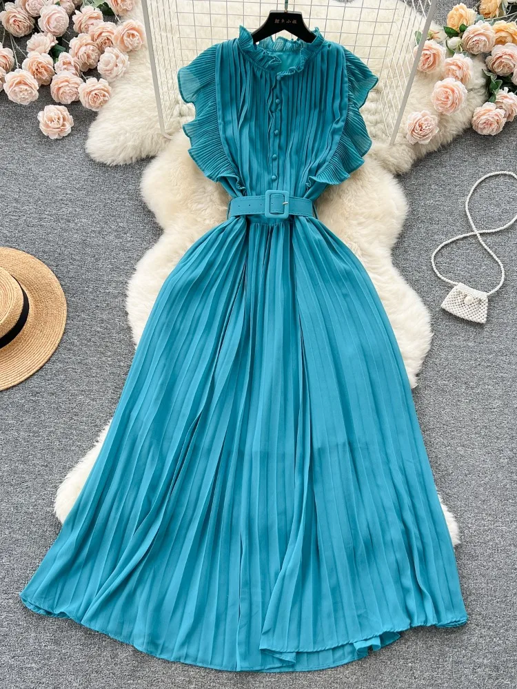 Hikigawa Chic Fashion Women Vintage Elegant Chiffon Dresses Summer Solid Belted Slim Waist Flying Sleeve Pleated Vestidos Mujer