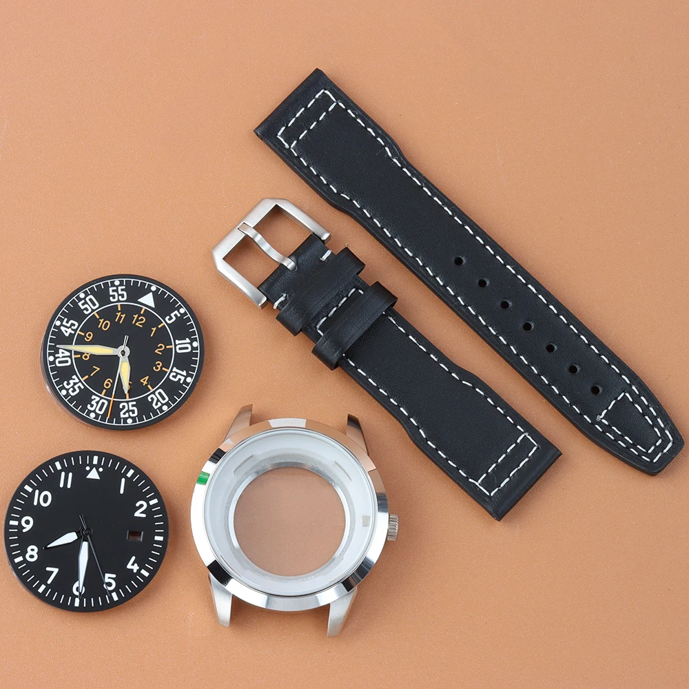 

NH35 Fit Mark XX Dial Case 42.7mm Stainless Steel Case 21mm Leather Strap For NH35 NH36 Movement Transparent Back Cover Case