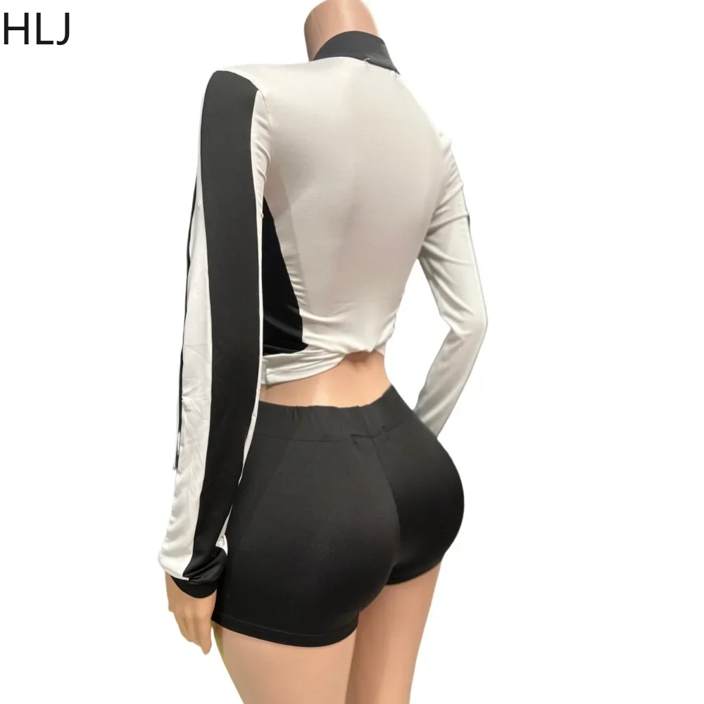 HLJ Black Casual Patchwork Sporty Shorts Two Piece Sets Women Zipper Long Sleeve Crop Top + Shorts Outfits Fashion 2pcs Clothing