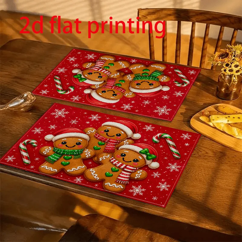 Cute Gingerbread Men In Santa Hats With Candy Canes On Red Snowflake Background Linen Placemat For Christmas Dinner Party