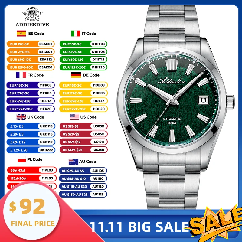 

ADDIESDIVE 2025 New NH35A Automatic Watch 100M Waterproof Sapphire Glass Stainless Steel Dive Mechanical Watches For Men AD2075