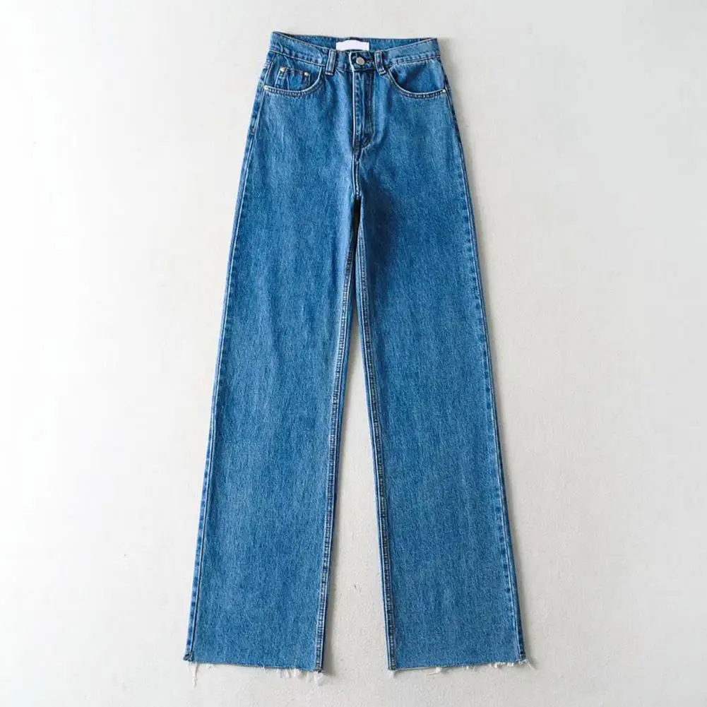 Stylish Denim Pants  Full Length Shrink-resistant Casual Pants  Women Straight Wide Leg Jeans