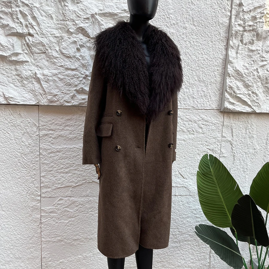 Women's Woolen Coat With Mongolian Fur Collar Long Natural Cashmere Coat Brown Sheepskin Coat High Quality Real Fur Jacket