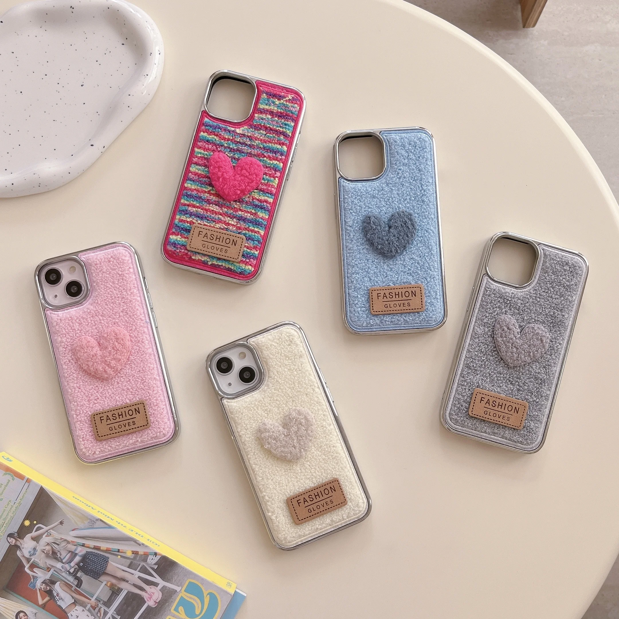 Korean INS Creative 3D Heart Towel Cloth Texture Girly Chic Phone Case for iPhone 16 15 14 13 Pro Max Back Phone Cover Capa