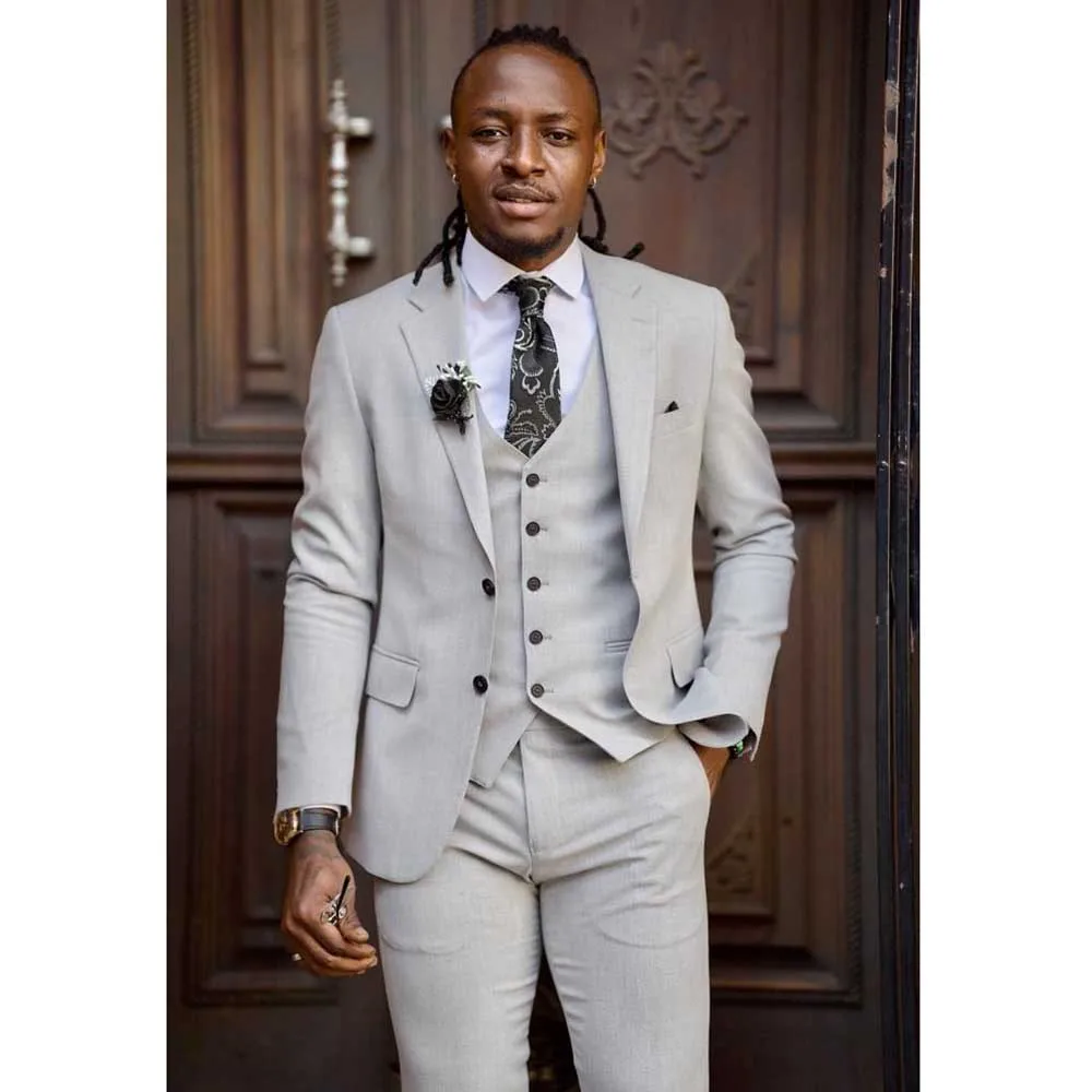 

Elegant Light Gray Suits for Men Three Piece Jacket Pants Vest Male Clothing Slim Fit Formal Business Gentleman Blazers Sets