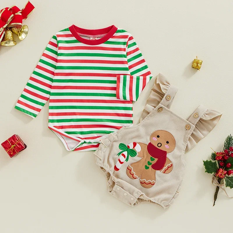 

Infant Baby Girl Xmas Outfit Long Sleeve Striped Romper with Embroidery Gingerbread Man Overalls Newborn Christmas Costume