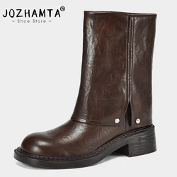 JOZHAMTA Size 34-40 Women Wide Mid Calf Boots Real Leather Thick Heels Platform Shoes Fall Winter 2025 Fold Over Ankle Boots