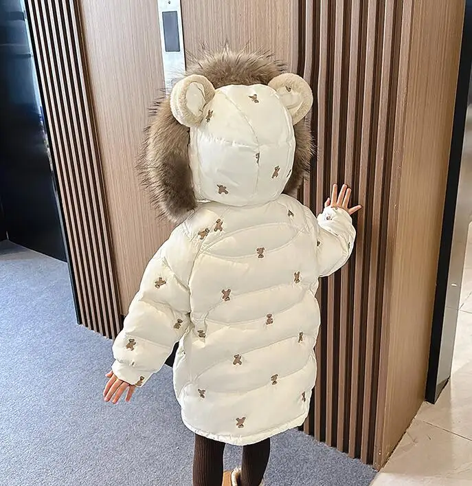 Kids Winter Jacket For Girls Little Bear Cartoon Thicken Children Embroidery Coat Baby Hooded Down Outwear