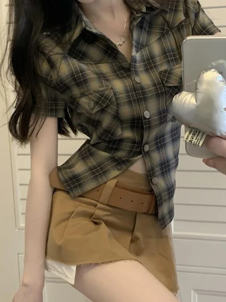 ADAgirl Vintage Plaid Short Sleeve Shirt Women American Retro Button Up Cardigan Blouse Female 90s Summer Sexy Cargo Slim Tops