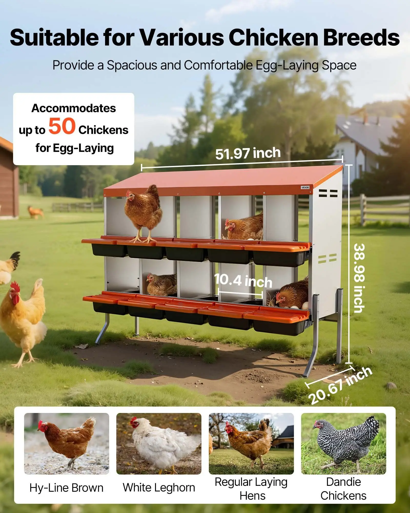 

Chicken Nesting Boxes, 10 Compartments, with Support Legs, Easy Egg Collection, Galvanized Steel and High-Strength Plastic,
