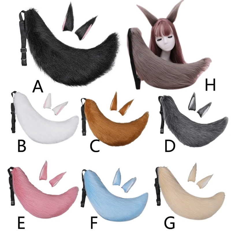 

X5QE Long Fur Animal Wolf Ears Headdress Tail Set for Women Cosplay Hair Props