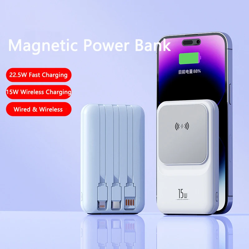 

Power Bank 20000mAh 15W Magnetic Wireless Charger for iPhone 15 14 13 12 Series 22.5W Fast Charging Poverbank Built in Cable