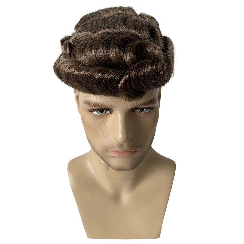 أنظمة الشعر البشري البرازيلي العذراء # 18 لون بني فاتح 32 مم Wave AUS Unit 8x10 دانتيل مع شعر مستعار PU للرجال البيض #5