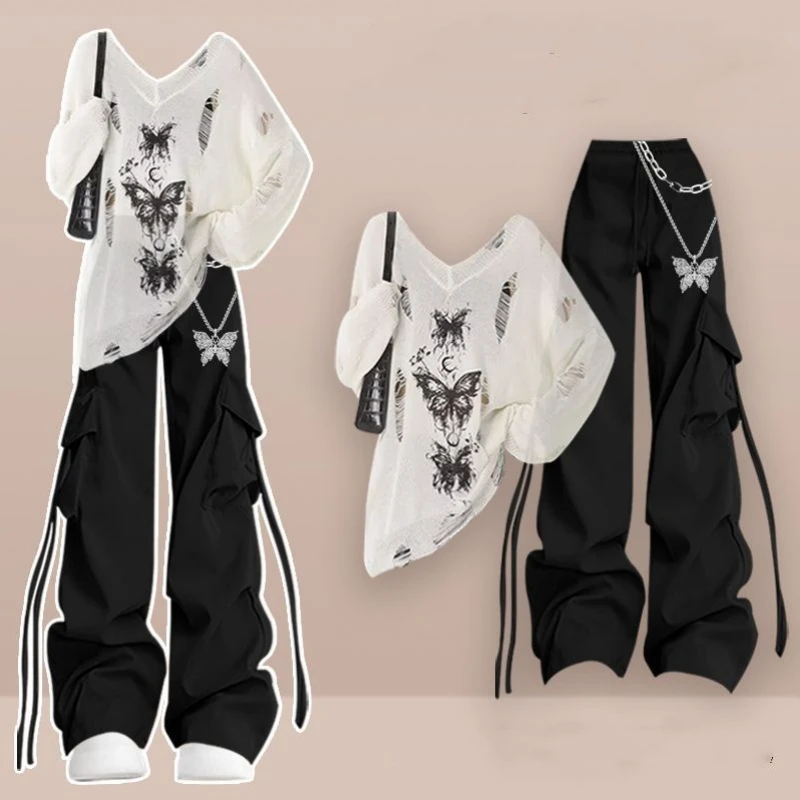 ผู้หญิงฤดูใบไม้ผลิฤดูร้อนหลวม Hollow Out ผีเสื้อเสื้อยืดสลิงกางเกงสามชิ้นชุดเลดี้แฟชั่นเสื้อกั๊กกางเกงชุด