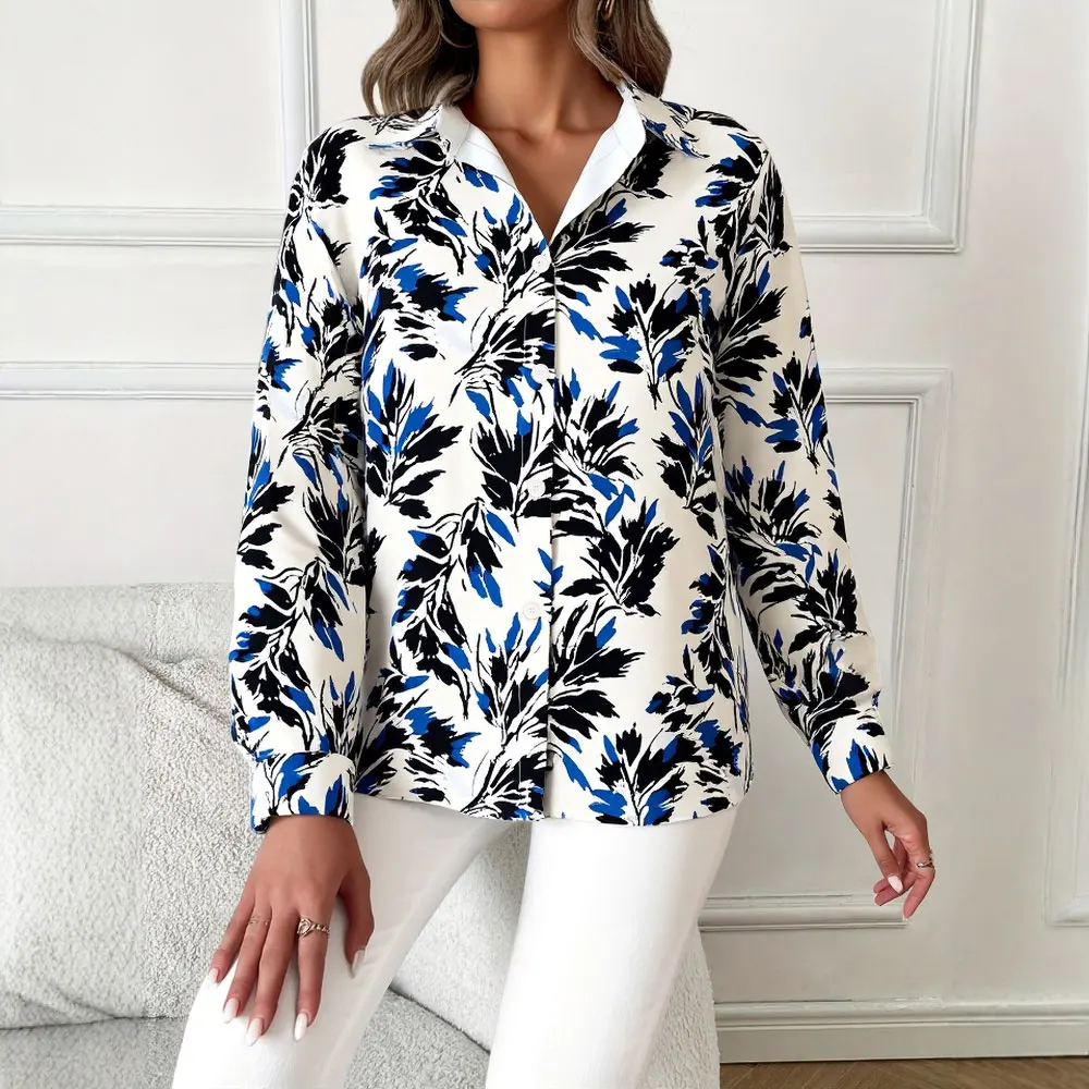 

Mia Muse Select Women's Shirts Summer Daily Basic Botanical Print Long Sleeve Shirt Collar Single Breasted Comfortable Shirts