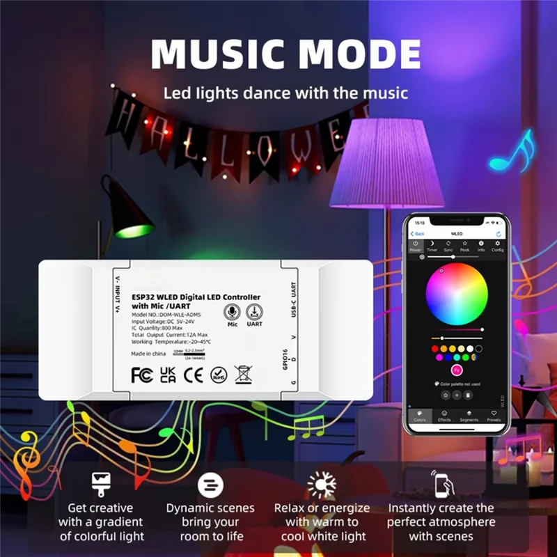 

【Party-Decoration】ESP32 WLED RGB Strip Controller Smart For LED Controller 5-24V Wifi With OTA Update Max 800 Ics GPIO16 Output
